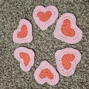 6 Valentines Day Hand Crochet Heart Appliques